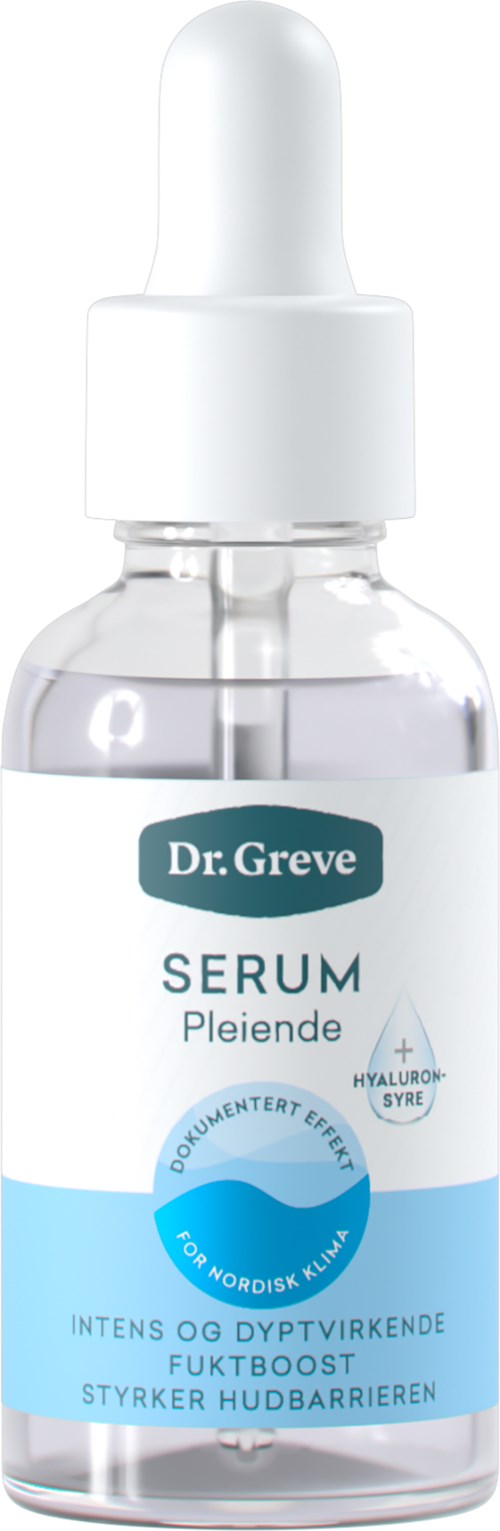 En klar glasflaske med dråbetud, mærket som Dr. Greve serum, til hudhydrering og styrkelse.