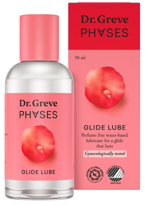 En flaska och ett paket av Dr. Greve PHASES Glide Lube, ett vattenbaserat lubricant med en röd blomma, 50 ml.
