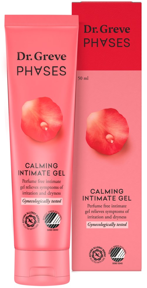 Pink tube and box of Dr. Greve PHVSES Calming Intimate Gel with a peach image and text describing its use and benefits.