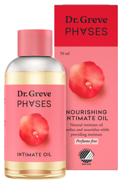 En flaska och ett paket med Dr. Greve PHOSES närande intimolja med rosa etikett och rosbild.