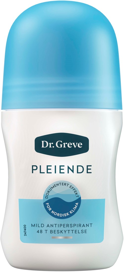 En vit deodorantstav med blått lock, märkt Dr. Greve Pleiende, mild antiperspirant för skydd.
