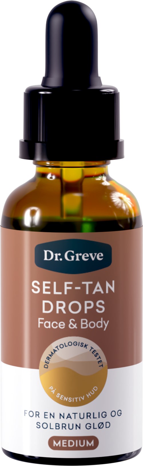 Een bruine glazen fles met druppelaar, gelabeld Dr. Greve Self-Tan Drops voor gezicht en lichaam, met zwart druppelcap.