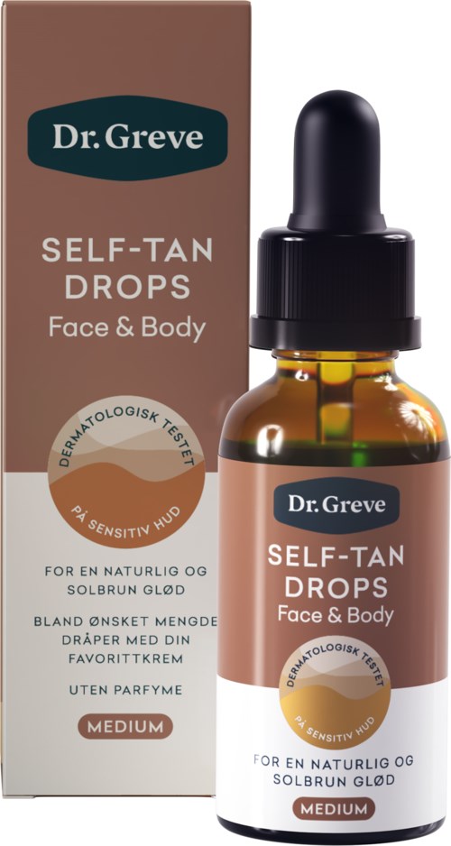 Een kleine bruine doos en een glazen fles met druppelaar bevatten Dr. Greve Self-Tan Drops voor gezicht en lichaam.