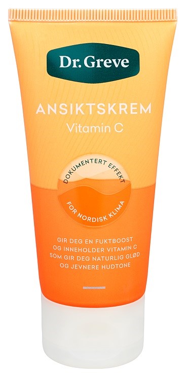 En tube med Dr. Greve ansigtscreme med C-vitamin, orange farve, og tekst der angiver fordele ved hudpleje.
