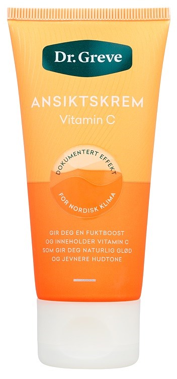 En tube med Dr. Greve ansigtscreme med C-vitamin, orange og gul farve, med tekst om fugt og glød.
