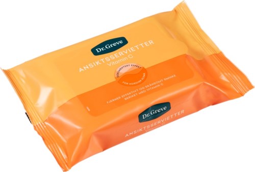 Vitaminer ansiktsservetter paket i orange och gula färger med blå Dr. Greve-logga.