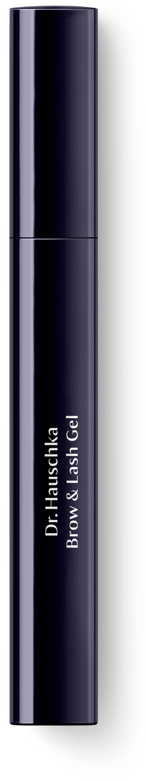 En svart cylinderformad tub märkt 'Dr. Hauschka Biosphere Lash Gel' mot en mörk bakgrund.