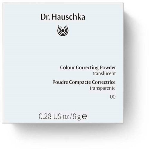 Valkoinen laatikko, jossa lukee Dr. Hauschka ja sisältää sävyä korjaavaa läpikuultavaa jauhetta. Paino on 0,28 oz tai 8 g.