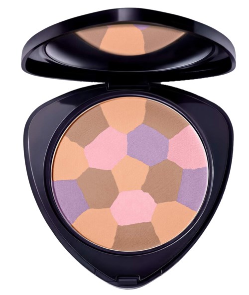 Färgglad makeup-blush med hexagonformer i ett kompakt fodral.