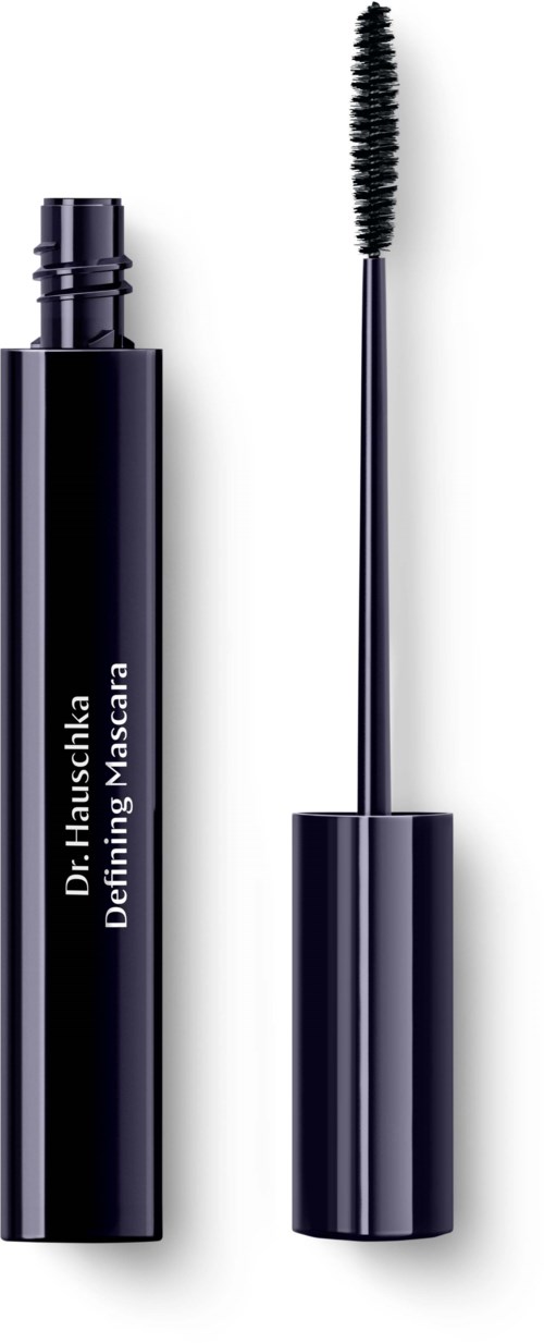 En svart mascara c och en borste med borste synlig.