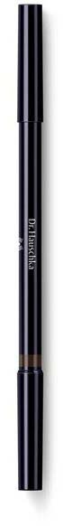 En svart, elegant makeup- eller eyelinerspenne med lock, stående vertikalt på svart bakgrund.