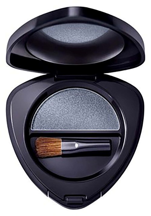 A makeup compact with a small brush, silver eyeshadow, and a mirror inside the black case.