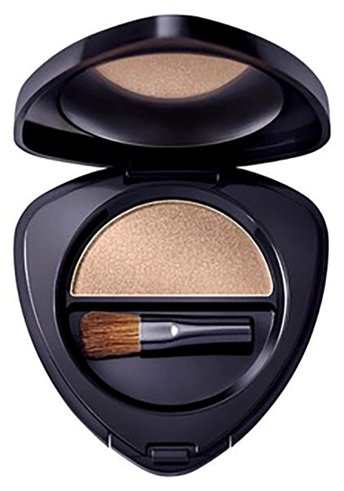 A compact makeup set with a beige eyeshadow, small brush, and mirror inside a black case.