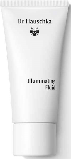 En vit tub märkt Dr. Hauschka Illuminating Fluid, enkel design med svart text och logo.
