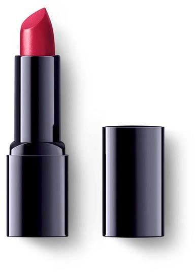 Punainen huul lipstick mustassa putkessa, avattu kansi. Tausta on yksinkertainen ja valkoinen.