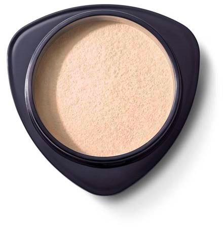 This is a round, beige face powder with a black case and a mirror attached.