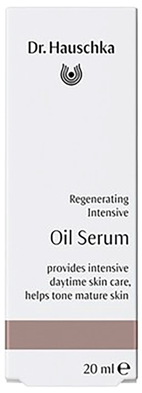 En hvit eske merket Dr. Hauschka Oil Serum med en logo, beskriver fordelene, størrelse 20ml, for hudpleie.