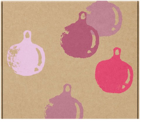 Five colorful circles resembling ornaments are arranged on a brown background. They are pink, purple, and red.