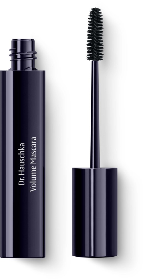 En svart mascara-trykk med lokket fjernet, som viser børsten. Etiketten sier "Dr. Hauschka Volume Mascara."