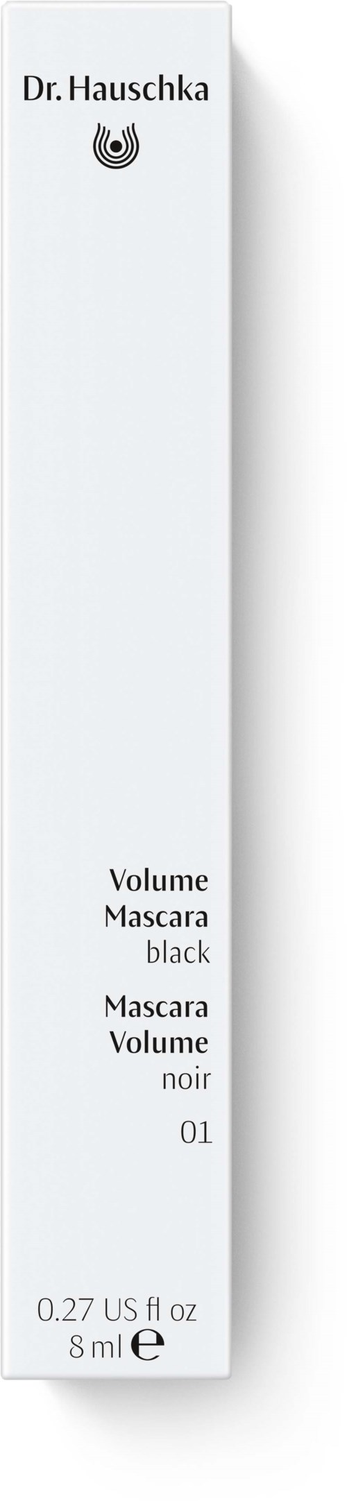 En hvit eske med svart tekst og logo som viser maskara detaljer, volum, farge og størrelse.