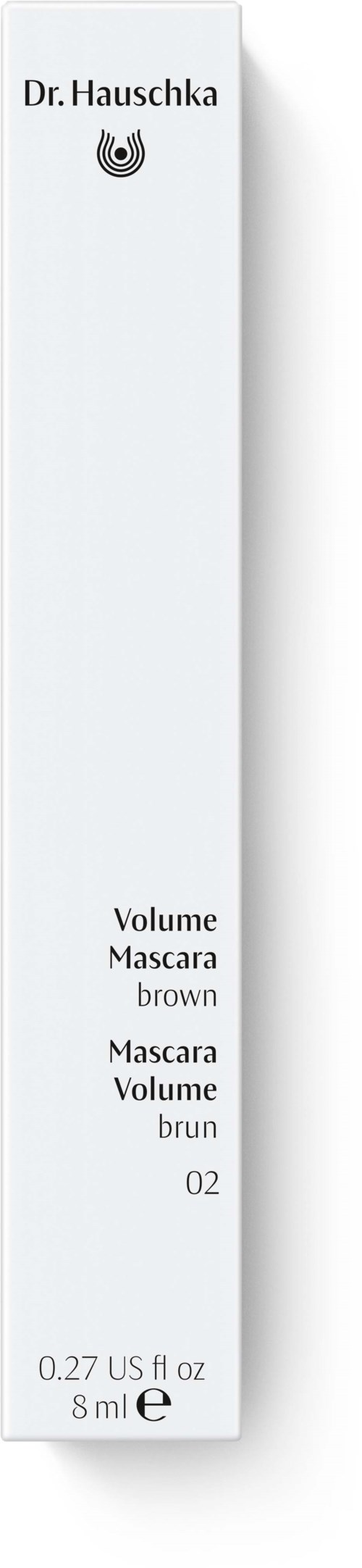 En hvit boks med svart tekst som viser produktnavn, beskrivelse og volum for brun mascara.