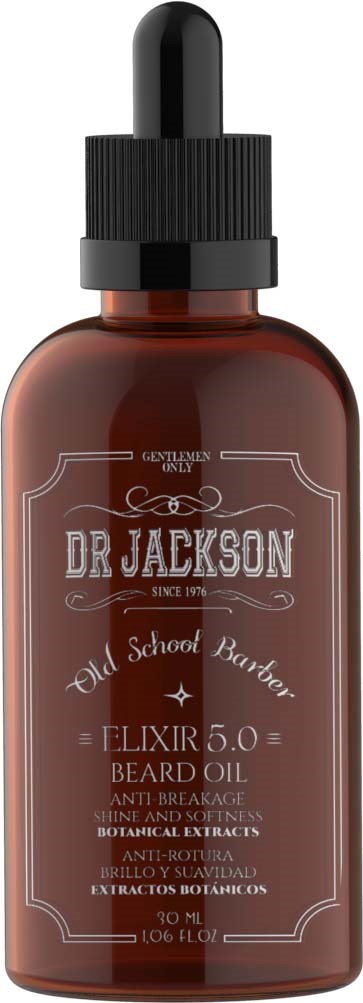 En brun flaska med svart dropparlock märkt 'Dr Jackson Beard Oil' för hårvård, innehåller 30 ml.