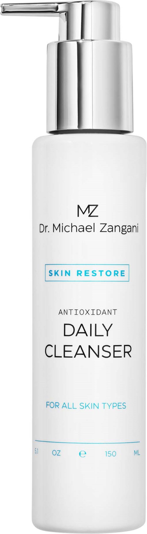 Eine weiße Flasche mit Pumpe, beschriftet Dr. Michael Zangani Skin Restore Daily Cleanser für alle Hauttypen.