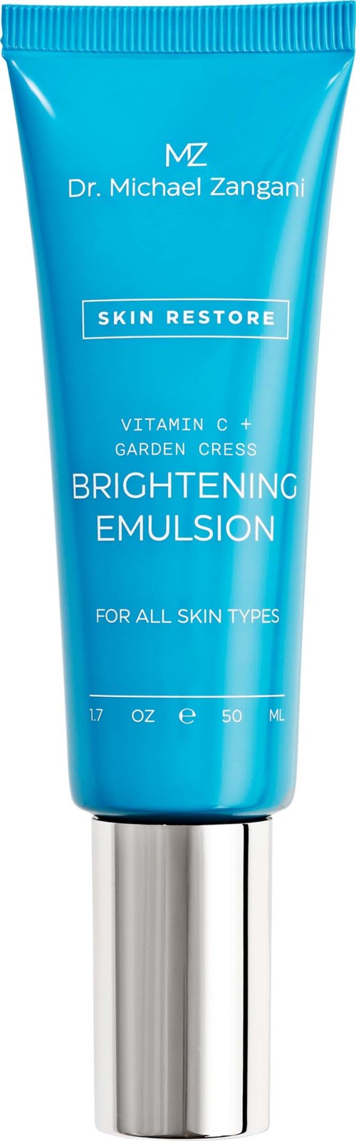 Blå tube merket 'Brightening Emulsion' med vitamin C, for alle hudtyper, av Dr. Michael Zangani.