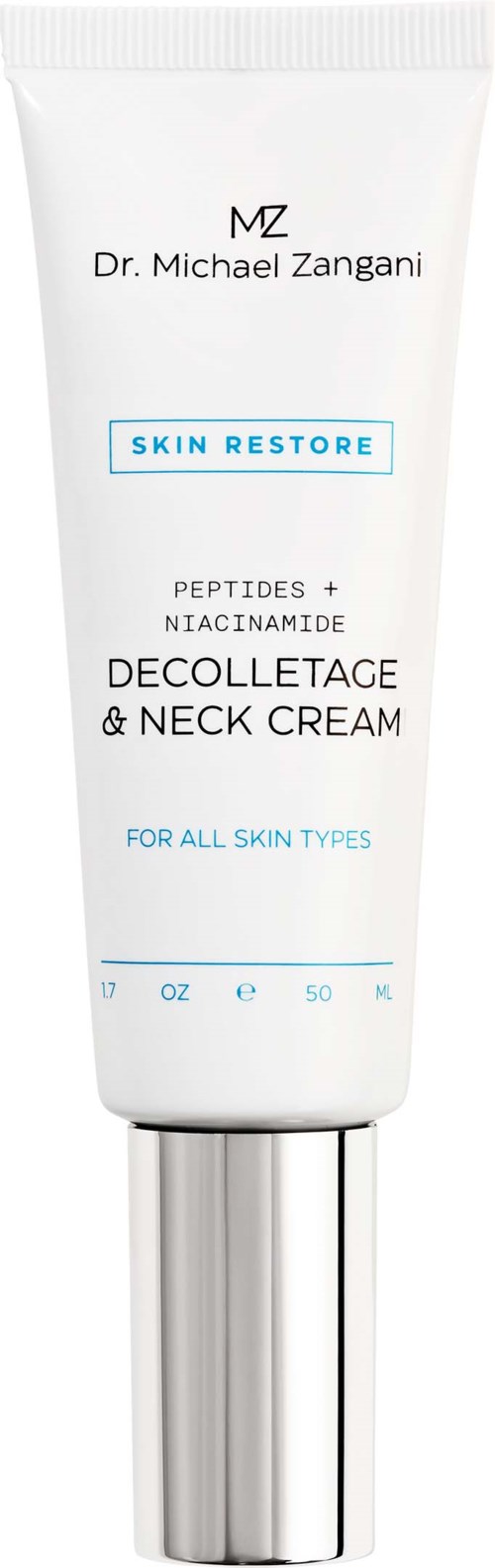Weiße Tube mit Aufschrift 'Dr. Michael Zangani', blauer Text, steht auf 'Skin Restore' und 'Decolletage & Neck Cream'.