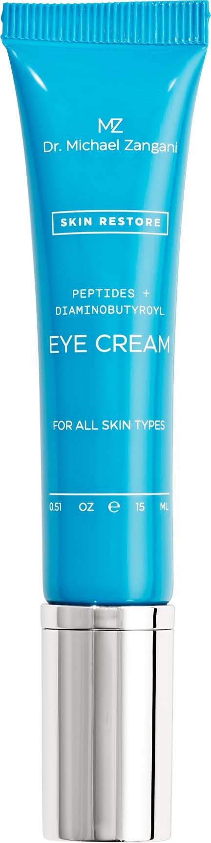 Blå tube med øyekrem med hvit tekst, merket "Dr. Michael Zangani" og "Skin Restore".