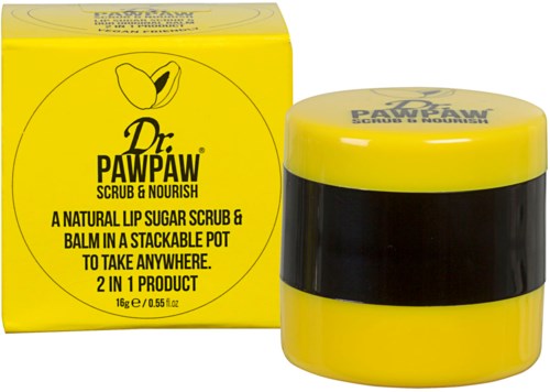 Gul behållare och box med svart rand, etikett säger Dr. PawPaw skrubb och näring, naturlig läppskrubb och balm.