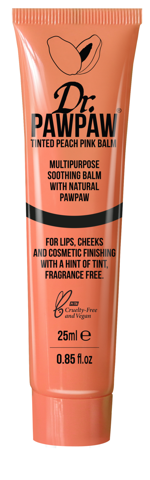 En persikfärgad tub med Dr. PawPaw färgad balm, noterar dess lugnande, naturliga ingredienser, och är doftfri.