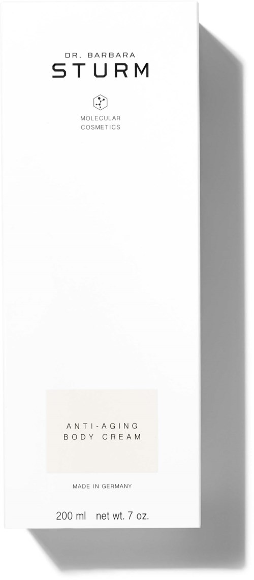 En vit förpackning med svart text. Det är en hudvårdsprodukt för anti-aging kroppskräm, tillverkad i Tyskland, 200 ml.