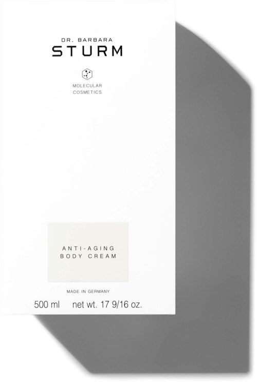 Förpackning med kosmetisk branding, anti-aging kroppskräm, 500 ml, tillverkad i Tyskland, enkel vit och grå design.