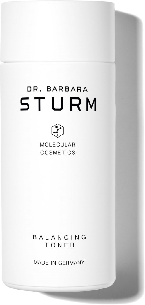 En vit flaska med svart text för Dr. Barbara Sturm Balancing Toner, tillverkad i Tyskland.