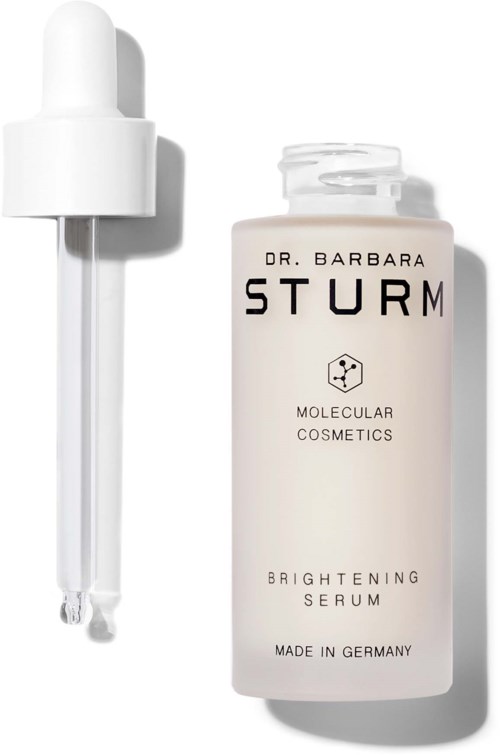 En vit flaska med dropplock, märkt 'Dr. Barbara Sturm Brightening Serum' från Tyskland.