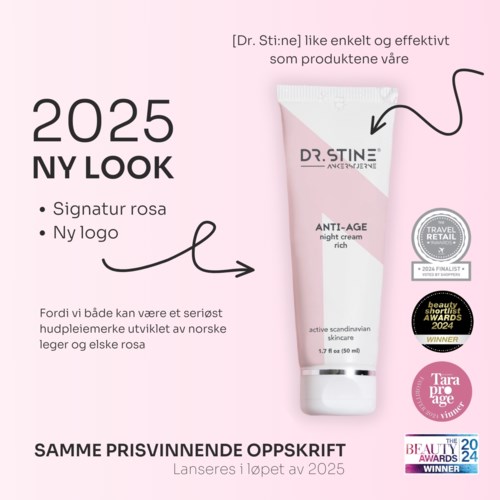 En rosa och vit anti-age-krämrör med utmärkelser och text om ny look och logga 2025.