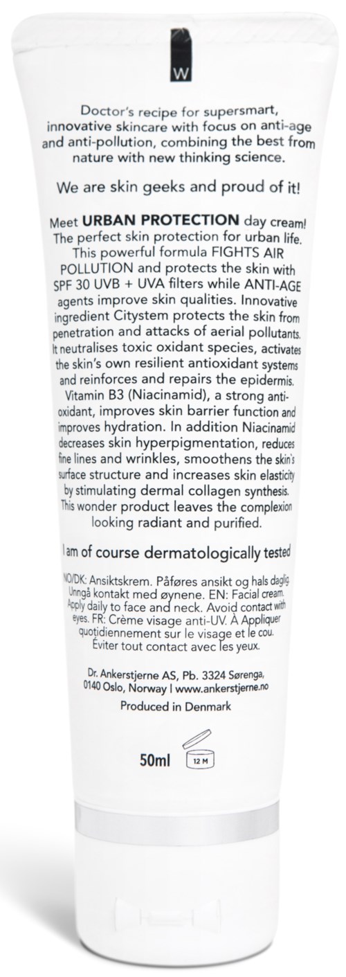 Text på hudvårdsrör som beskriver urban protection-kräm med ingredienser och fördelar.