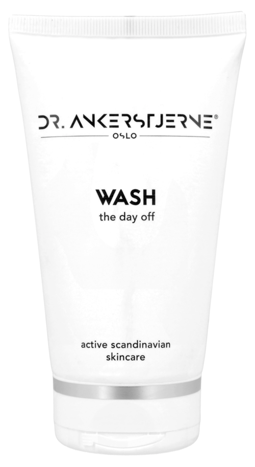 En vit tub märkt "Dr. Ankerström" med orden "WASH the day off" och "aktiv skandinavisk hudvård".