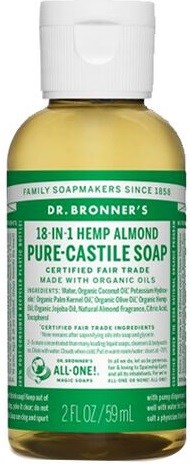 A green and white label on a small bottle of Dr. Bronner's soap, emphasizing hemp, almond ingredients, and organic certification.