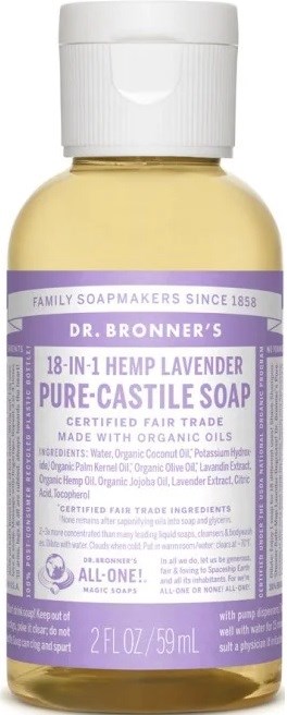 A small bottle with a white cap containing lavender soap with purple and white label details.