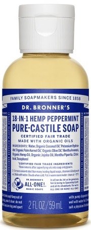A bottle of Dr. Bronner's 18-in-1 Hemp Peppermint Pure-Castile Soap with blue label.