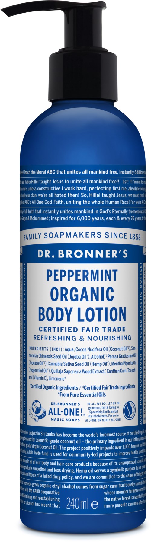 Blå flaska med pump, märkt som ekologisk pepparmints body lotion, 240 ml, för att vårda huden.