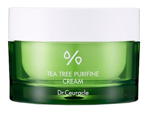 Grønn krukke med Tea Tree Purifine Cream av Dr. Ceuracle, hvit lokk.
