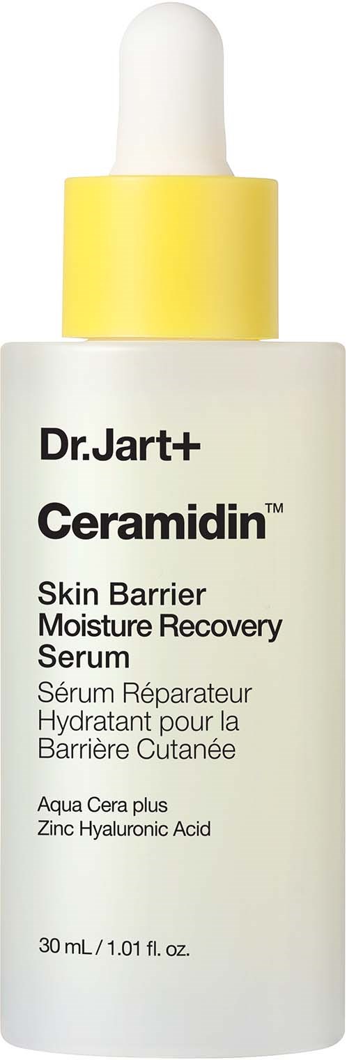 Flaske med Dr. Jart+ Ceramidin Serum for hudbarrieren, hvit og gul emballasje.