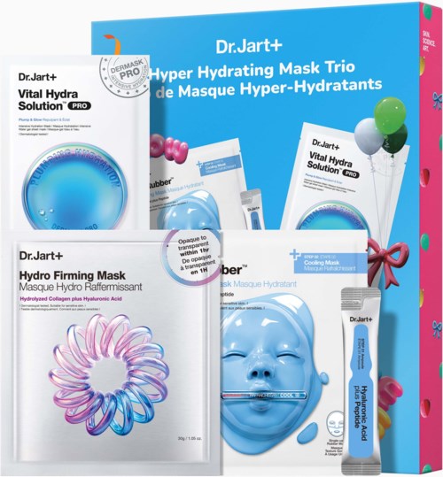 Eske med hudpleie- og ansiktsmasker i blått og hvitt, inkludert ansiktsmaskeillustrasjon og to ballonger.