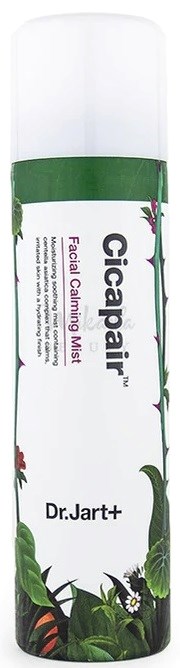 The product is a facial calming mist named Cicapair by Dr. Jart+, with green leafy design on the packaging.