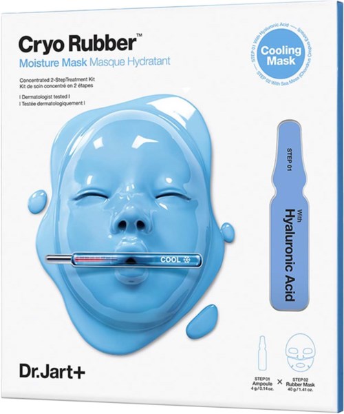 A blue face mask with a smiley face, toothbrush, and text about cooling mask and hyaluronic acid. Box shows product info.