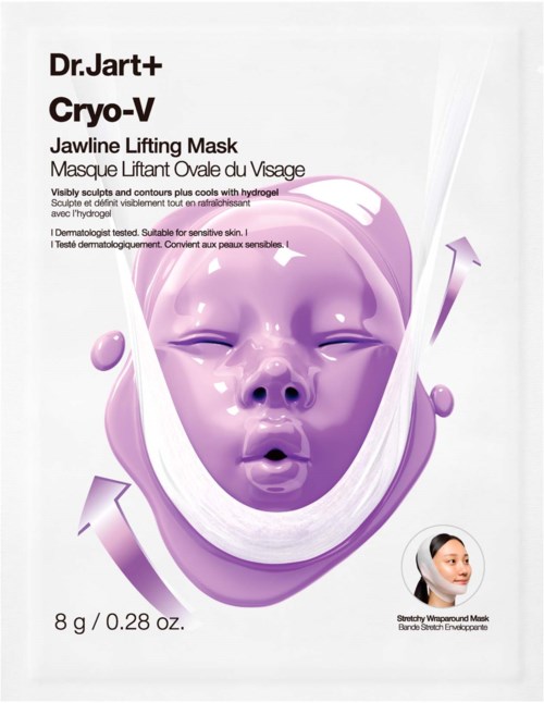 Verpakking voor Dr. Jart+ Cryo-V Jawline Lifting Mask met een paarse gezichtsmaskerillustratie en een klein modellap.