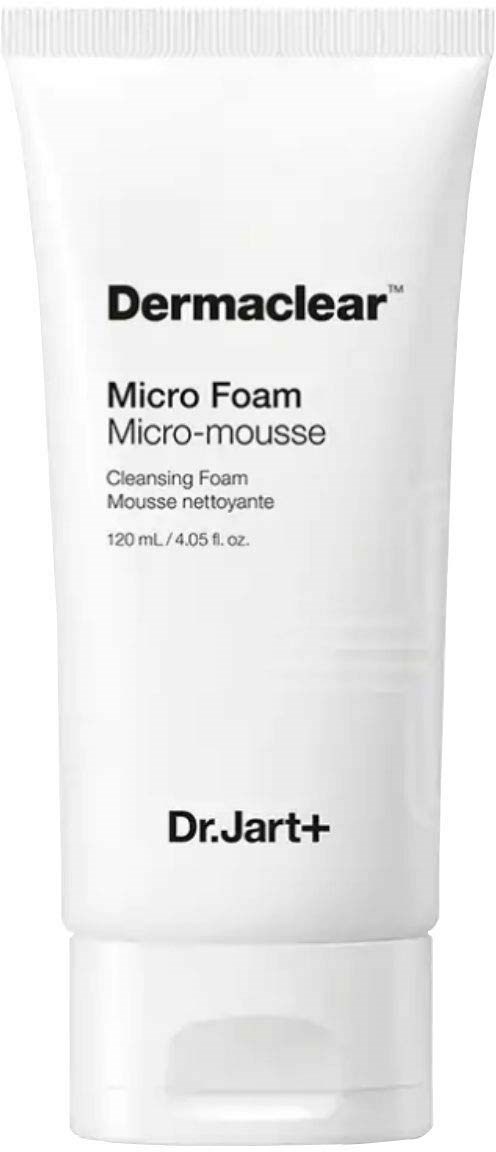A white tube labeled Dermaclear Micro Foam, a cleansing product by Dr. Jart+ with 120 ml capacity.